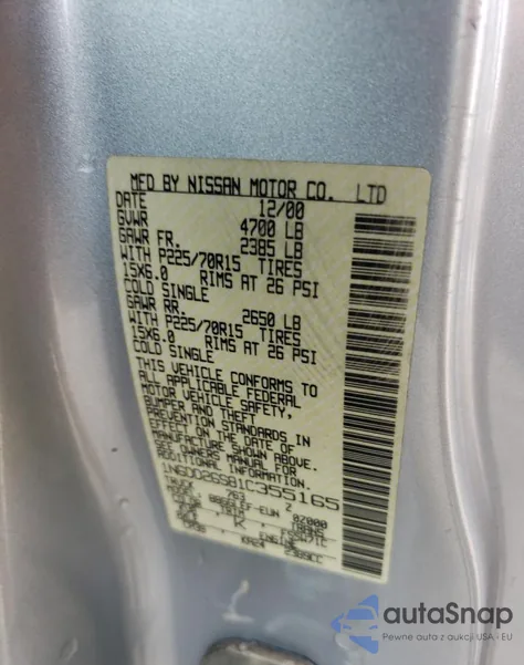 2001 Nissan Frontier King Cab Xe из США, поврежденный, VIN 1N6DD26S81C355165